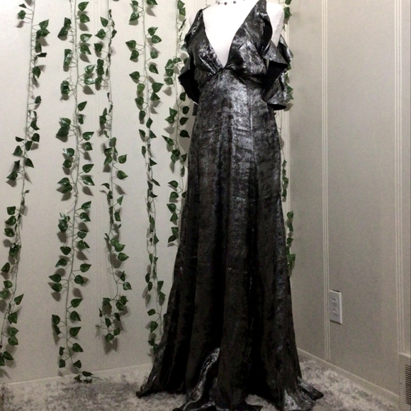 Silver Floor Length Gown with Deep V | Ruffled Sleeves | Side Slits - Picture 1 of 6